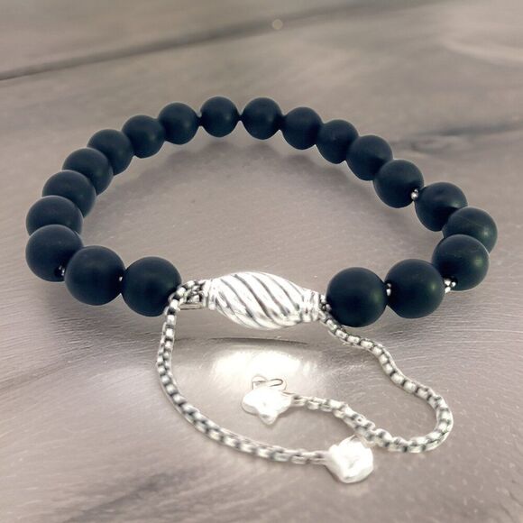 David Yurman Estate Onyx Polished Beads Bracelet 6.6 - 8.5" Silver 8 mm DY547 - Picture 7 of 11